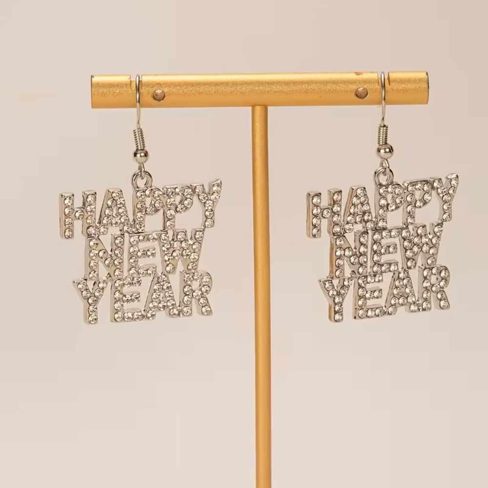 NEW Silver Happy New Year Earrings Crystal Rhinestones